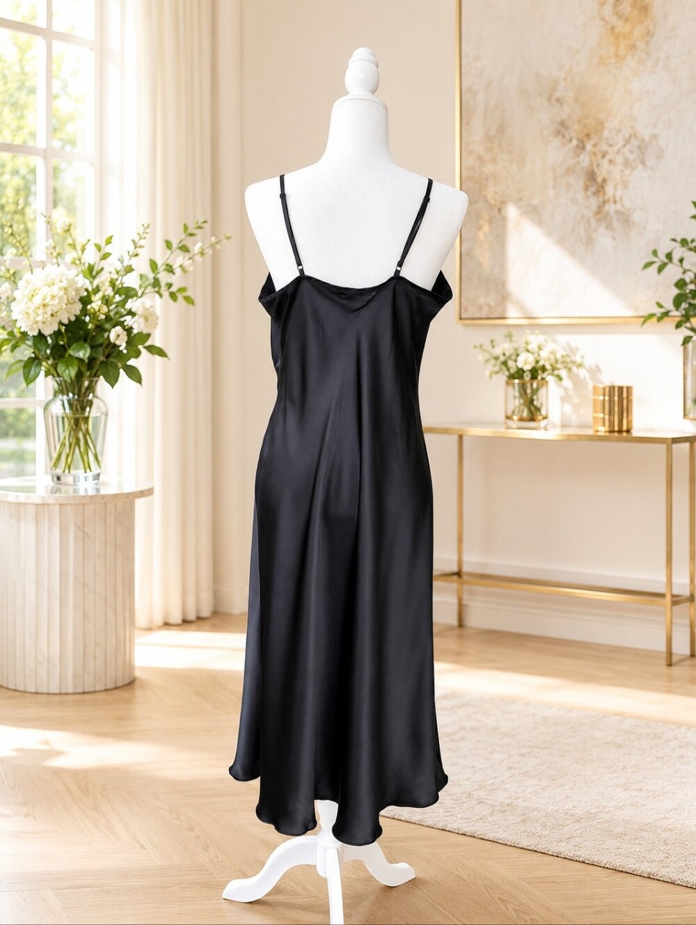 Bebe Black Satin Slip Dress Size L Cowl Neck Midi Adjustable Straps Made USA - Picture 9 of 9